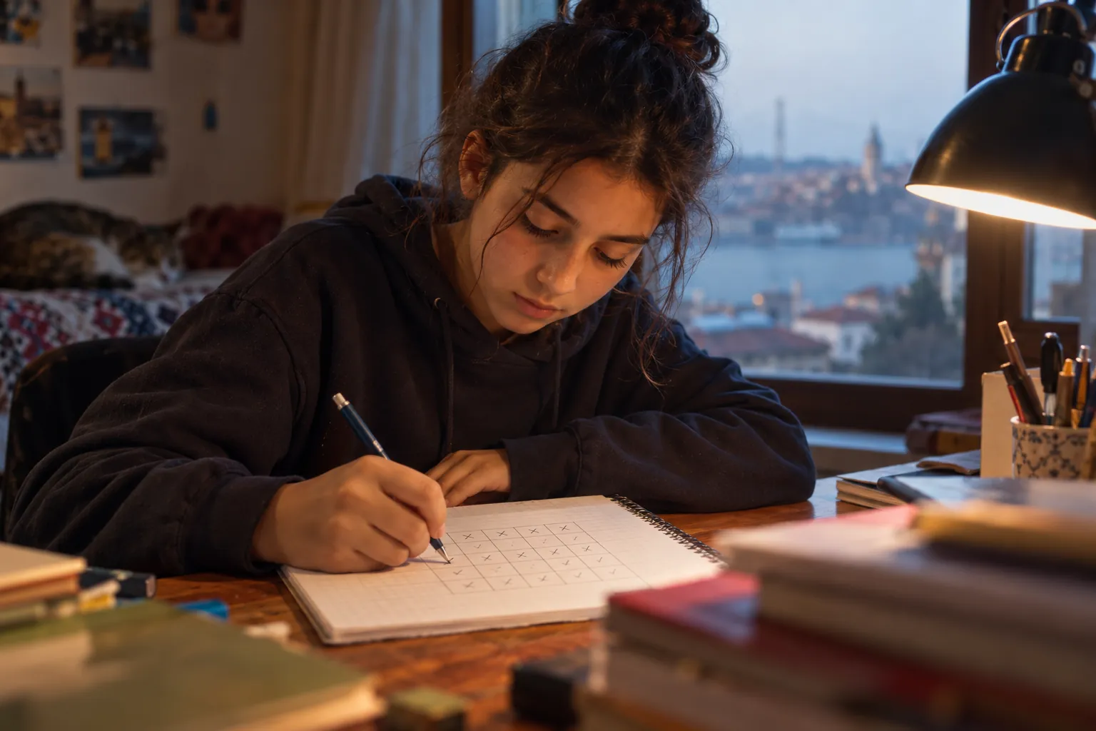 Öğrenci defterine çizdiği mantık tablosunu işaretliyor
