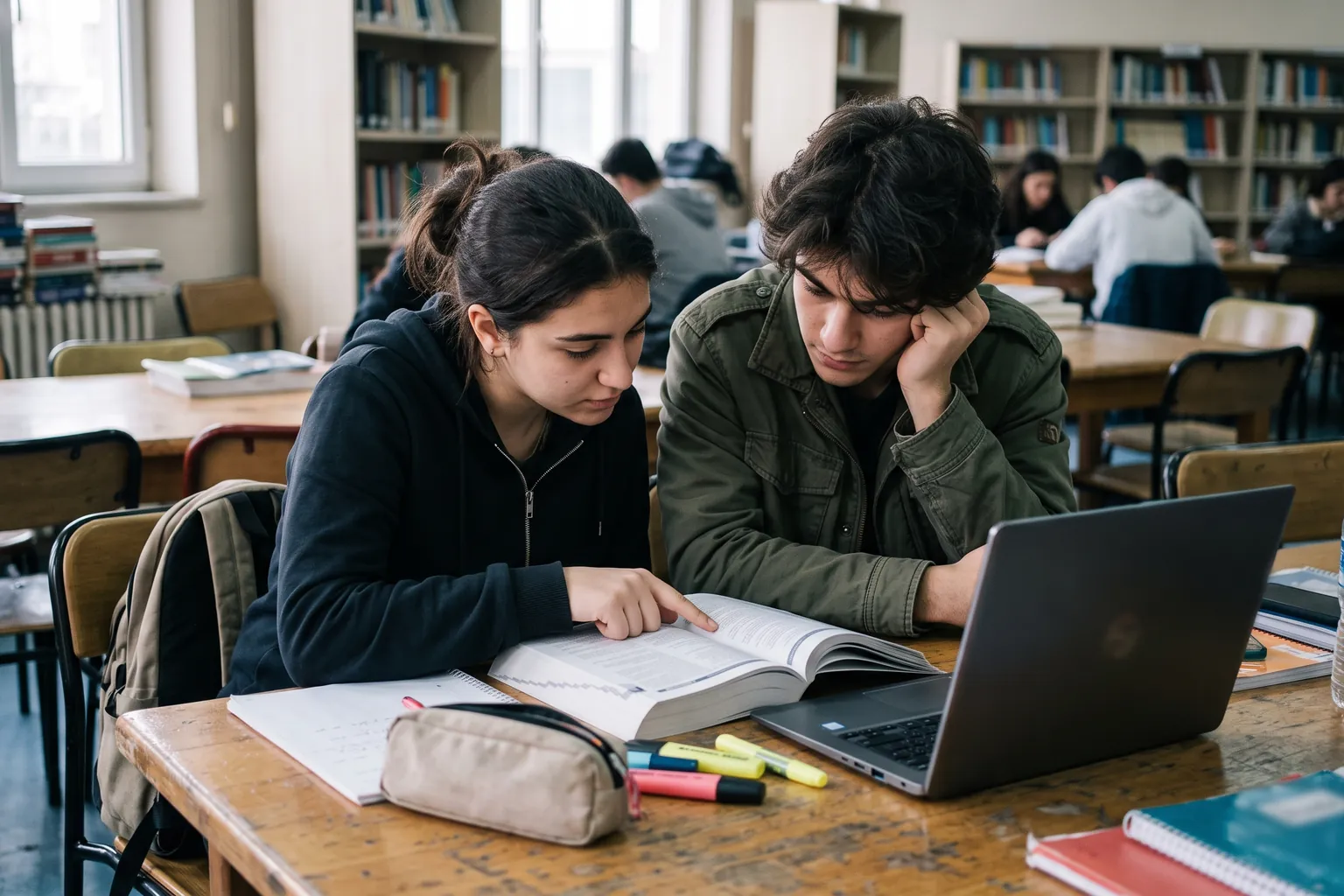 Kütüphanede tercih kılavuzu ve dizüstü bilgisayardaki puan tablosunu karşılaştıran iki lise son sınıf öğrencisi
