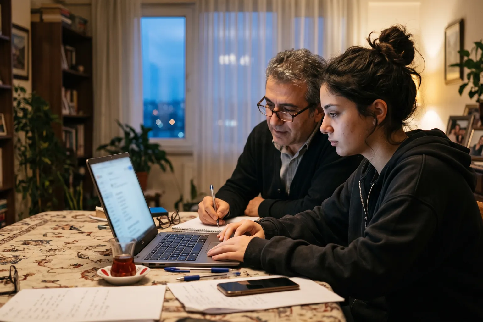 Masa başında dizüstü bilgisayarda üniversite programları listesine bakan lise son sınıf öğrencisi ve yanında not alan babası