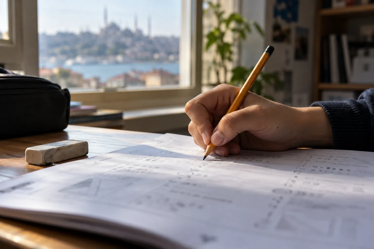 Öğrencinin eli kurşun kalemle deneme kitapçığındaki soruların yanına işaret koyuyor