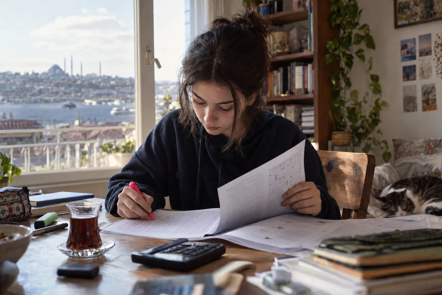 Cevap anahtarıyla deneme kontrol eden öğrenci, yanında hesap makinesi ve optik form