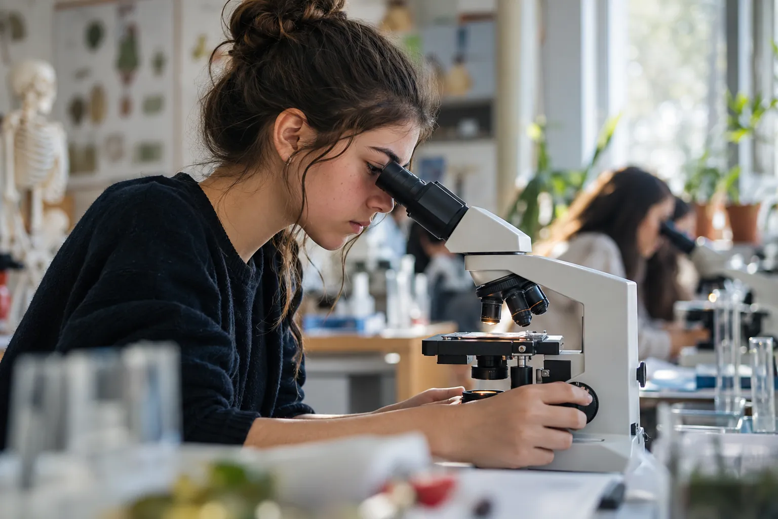 Lise öğrencisi okul biyoloji laboratuvarında mikroskoptan bakıyor