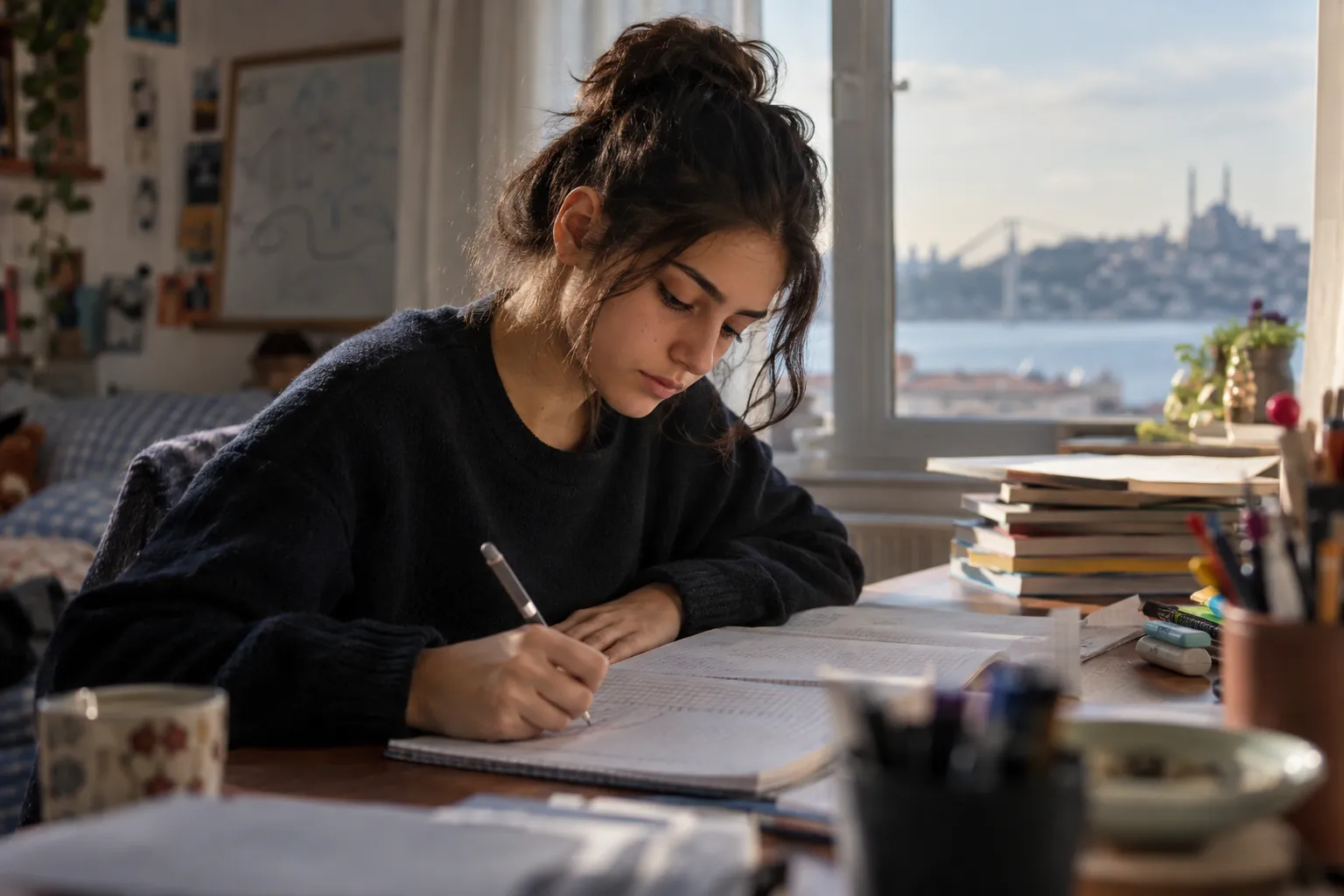 Masasında TYT matematik denemesindeki bir üçgen sorusunu kâğıda büyükçe yeniden çizen lise öğrencisi; yanında konu takip çizelgesi, cetvel ve karalama kâğıtları