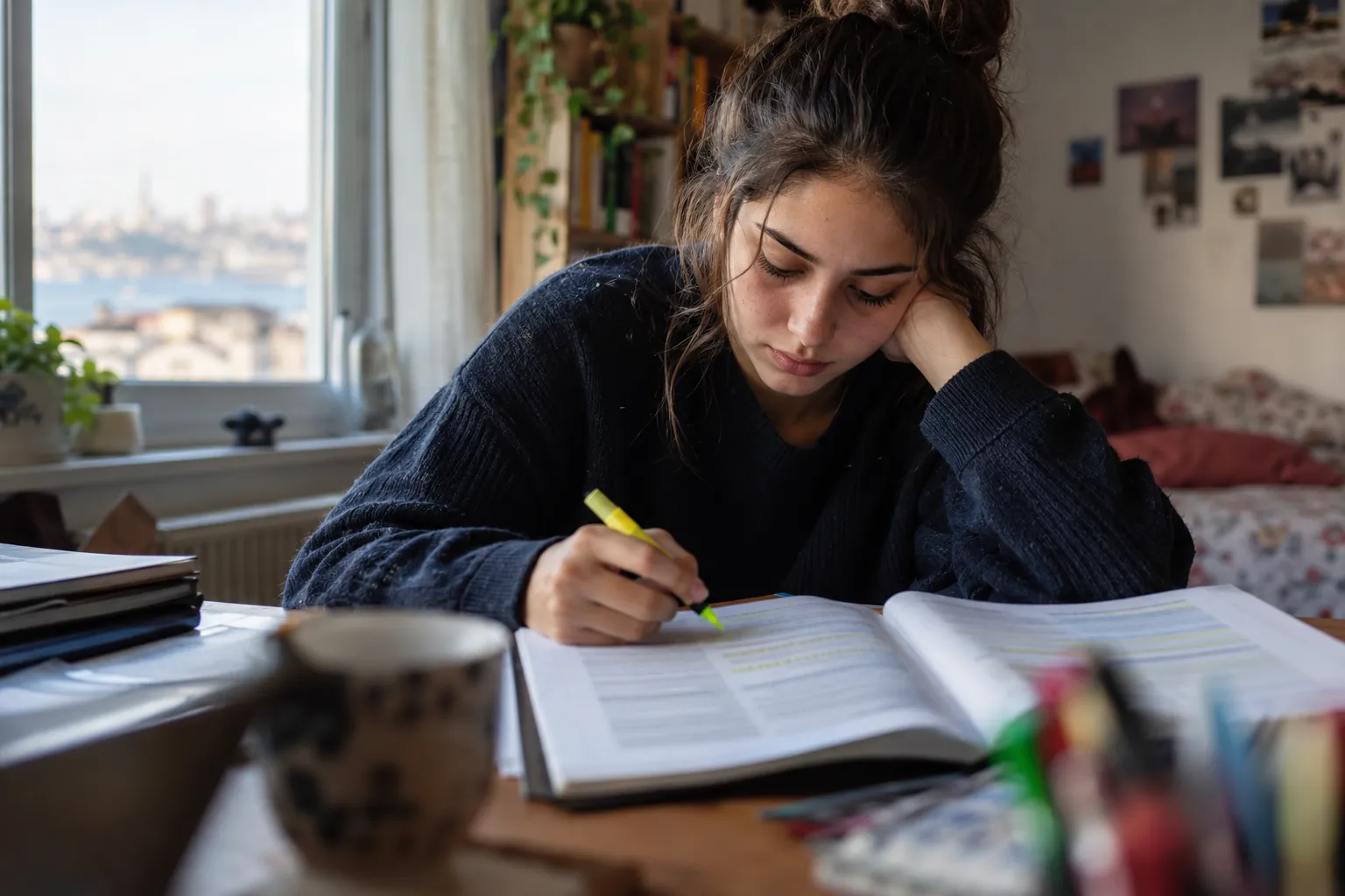 Lise öğrencisi soru kitabındaki paragrafları fosforlu kalemle işaretliyor