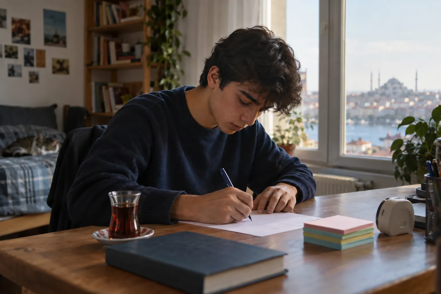 Masasında odak sayacını başlatıp kitabı kapalı hâlde boş kâğıda konu özetini hatırlayarak yazan lise öğrencisi; yanında renkli tekrar kartları duruyor