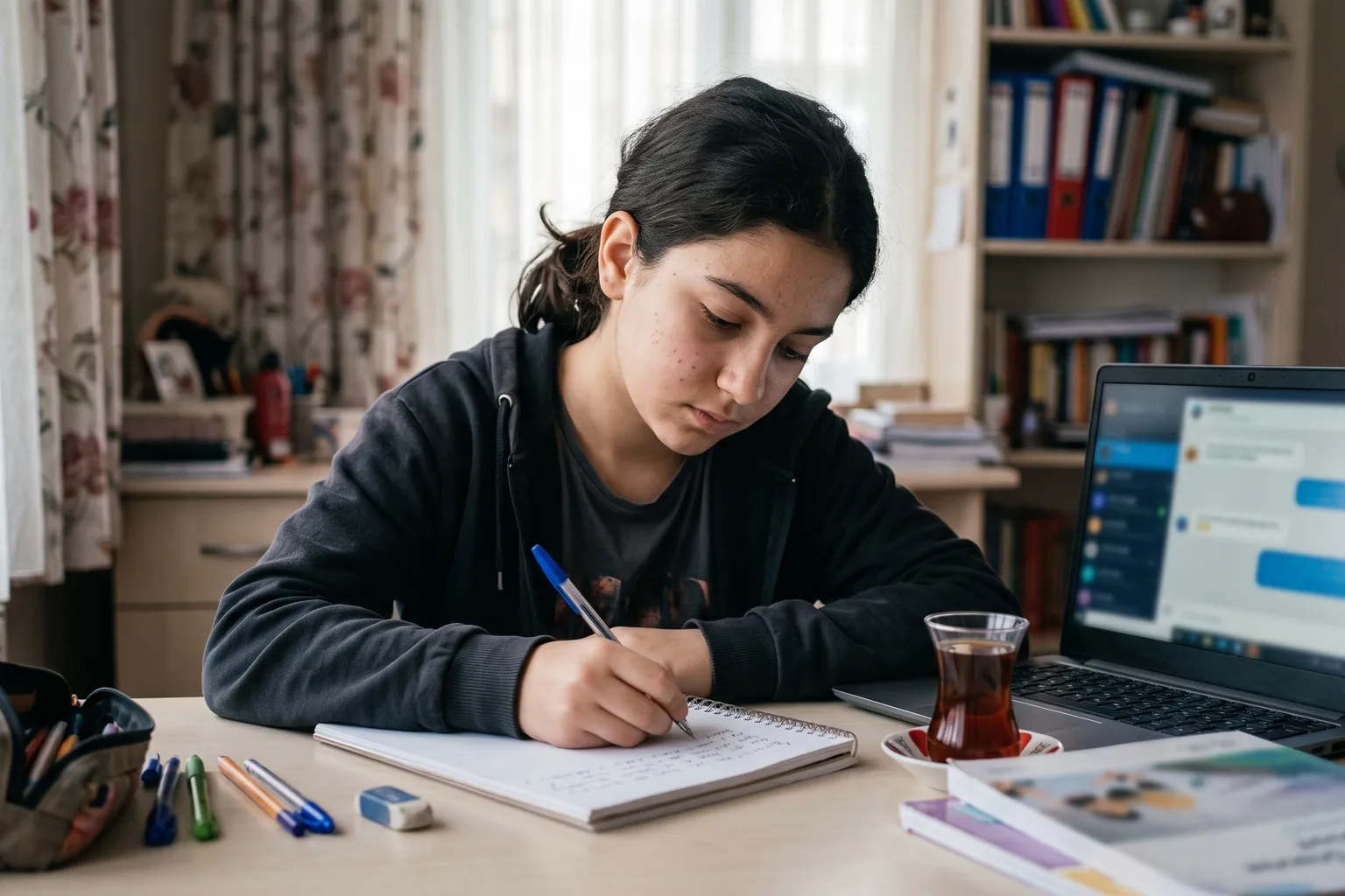 Ortaokul öğrencisi dizüstü bilgisayarda yapay zekâ sohbet ekranı açıkken defterine kendi çözümünü yazıyor