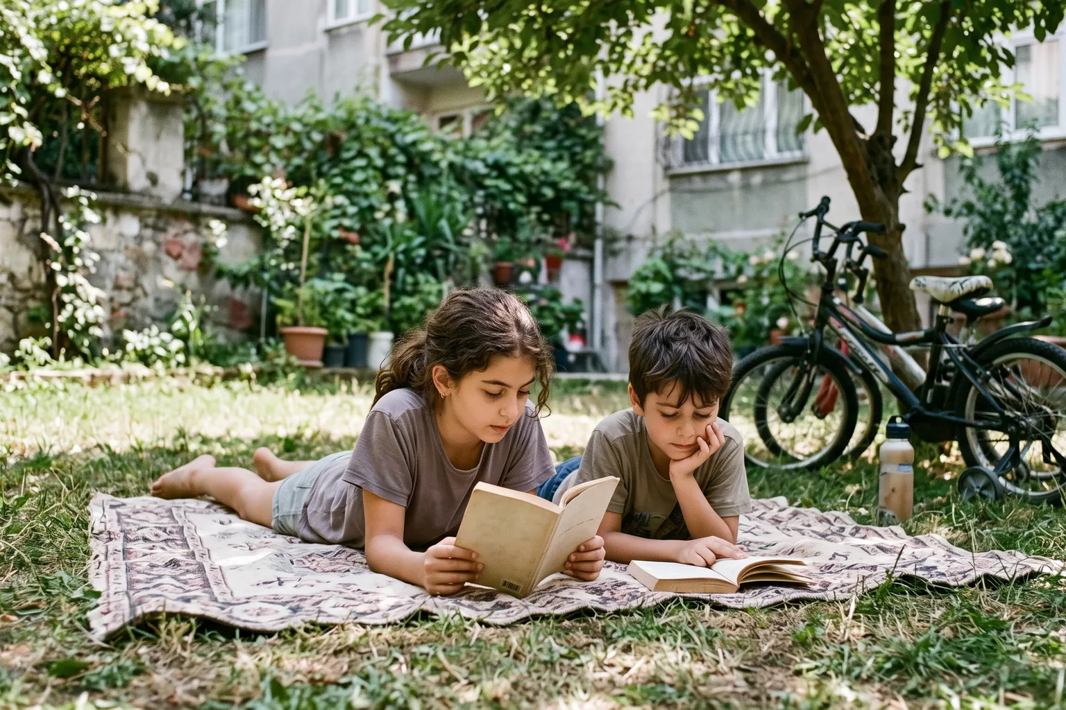 Yaz günü bahçede çimenlerin üstünde kitap okuyan iki kardeş; yanlarında bisiklet ve su şişesi