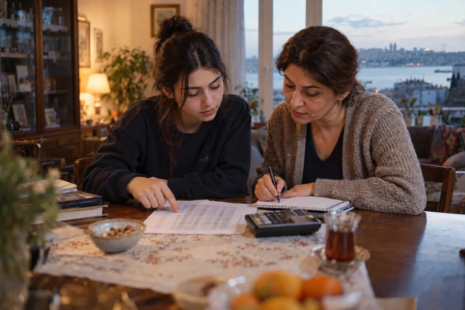 Yemek masasında basılı sonuç kâğıdı ve hesap makinesiyle puanını inceleyen lise son sınıf öğrencisi kız ve yanında not alan annesi