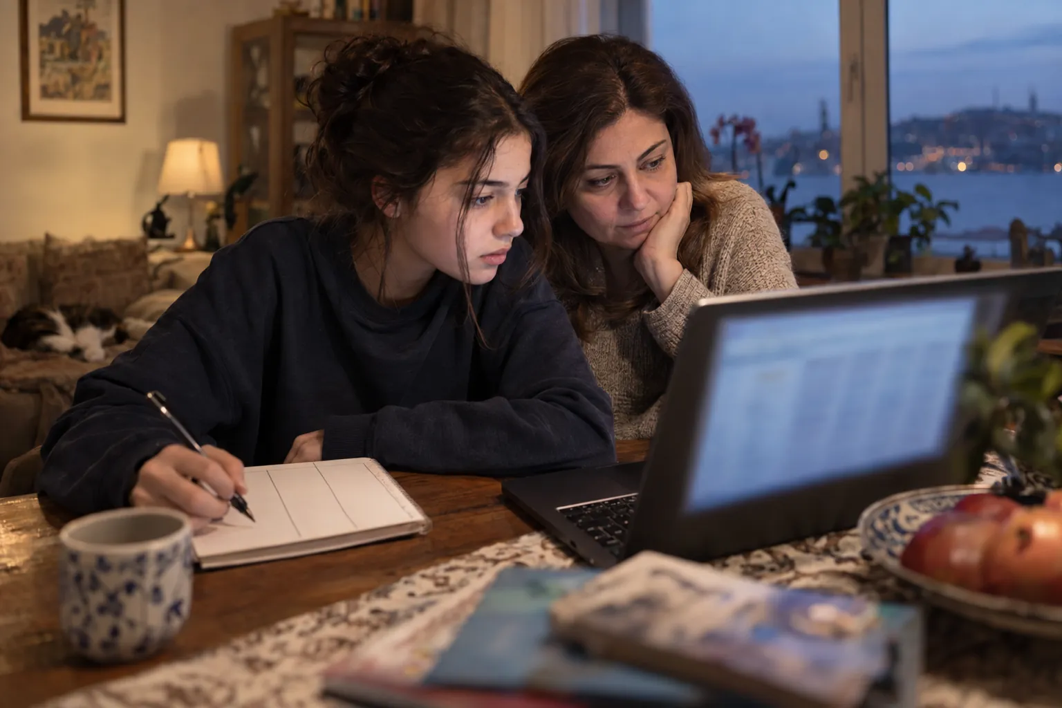 Masada laptopta açık program listesine bakarak defterine SAY, EA, SÖZ ve DİL sütunları çizen lise son sınıf öğrencisi ve yanında oturup listeyi birlikte inceleyen annesi