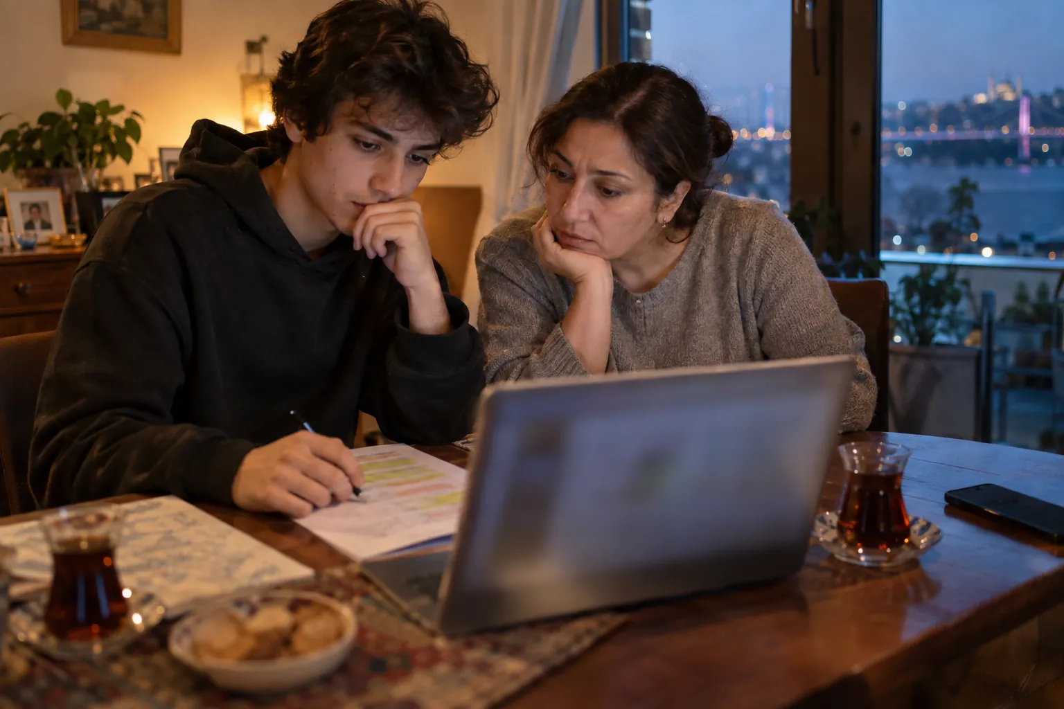 Akşam salon masasında dizüstü bilgisayarda YÖK Atlas'a bakarak tercih listesini kontrol eden genç kız; yanında kalemle işaretlenmiş kılavuz çıktısı ve bir bardak çay