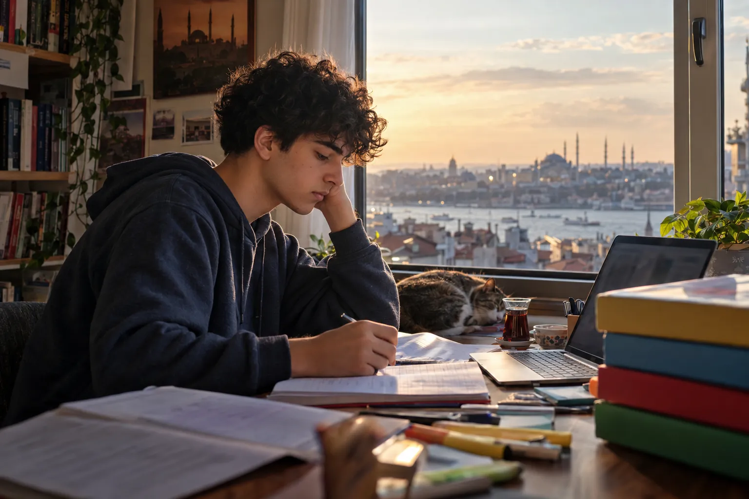 İstanbul çatılarına bakan masasında TYT ve AYT kitaplarıyla çalışan lise son sınıf öğrencisi