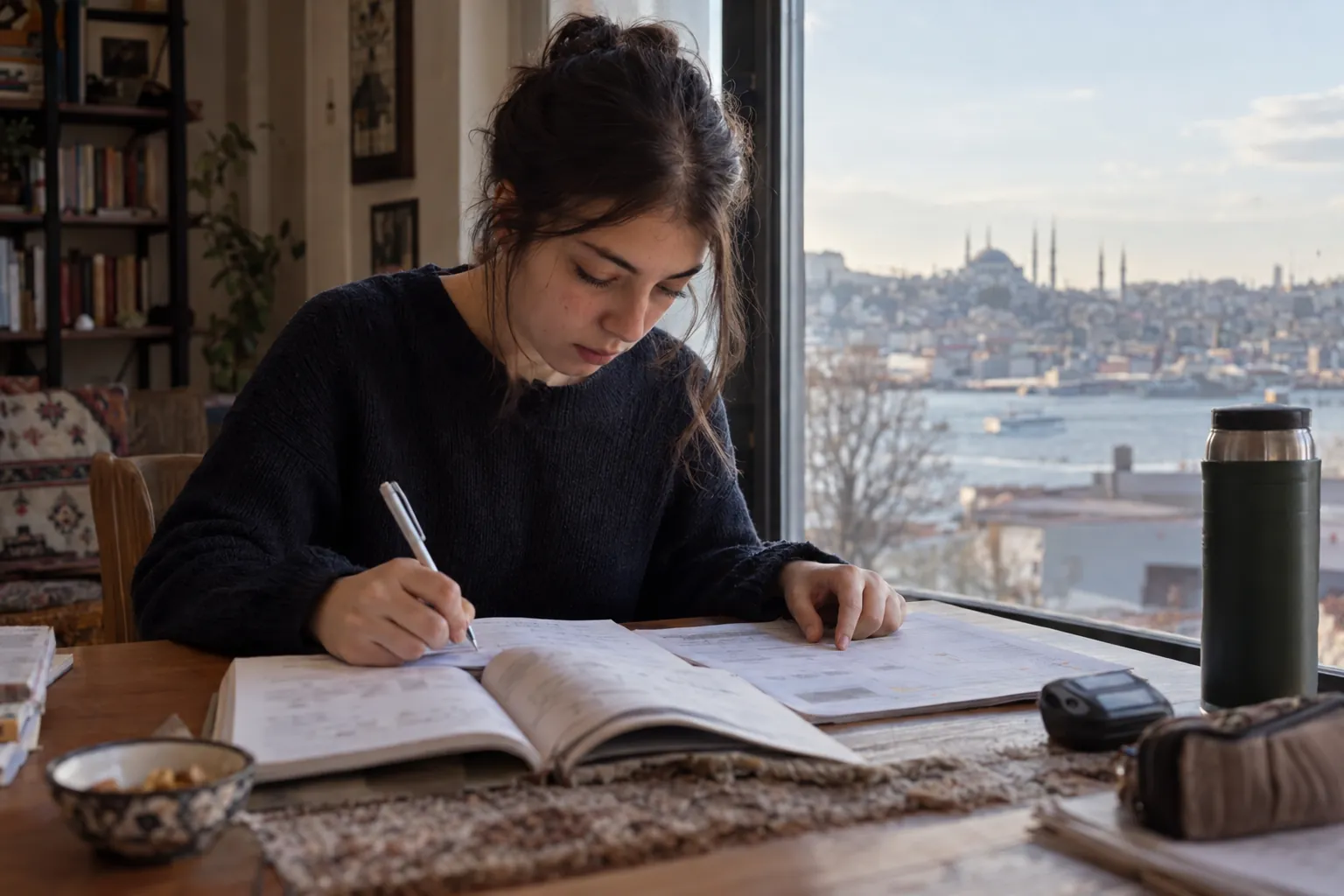 Şubat öğleden sonrası pencere kenarındaki masada AYT matematik soru kitapçığına notlar alan ve yanındaki deneme analiz kâğıdını inceleyen mezun bir öğrenci; masada bir termos ve kronometre