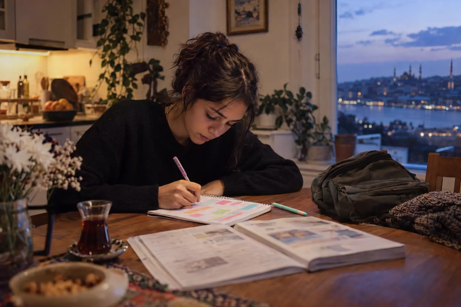 Aralık akşamı mutfak masasında okul çantasının yanında, defterine TYT ve AYT için haftalık blokları iki renk kalemle yazan lise son sınıf öğrencisi kız; yanında TYT deneme kitapçığı ve bir bardak çay